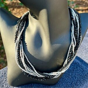 Vintage silver and black mulitstrand necklace with rhinestone magnetic closure